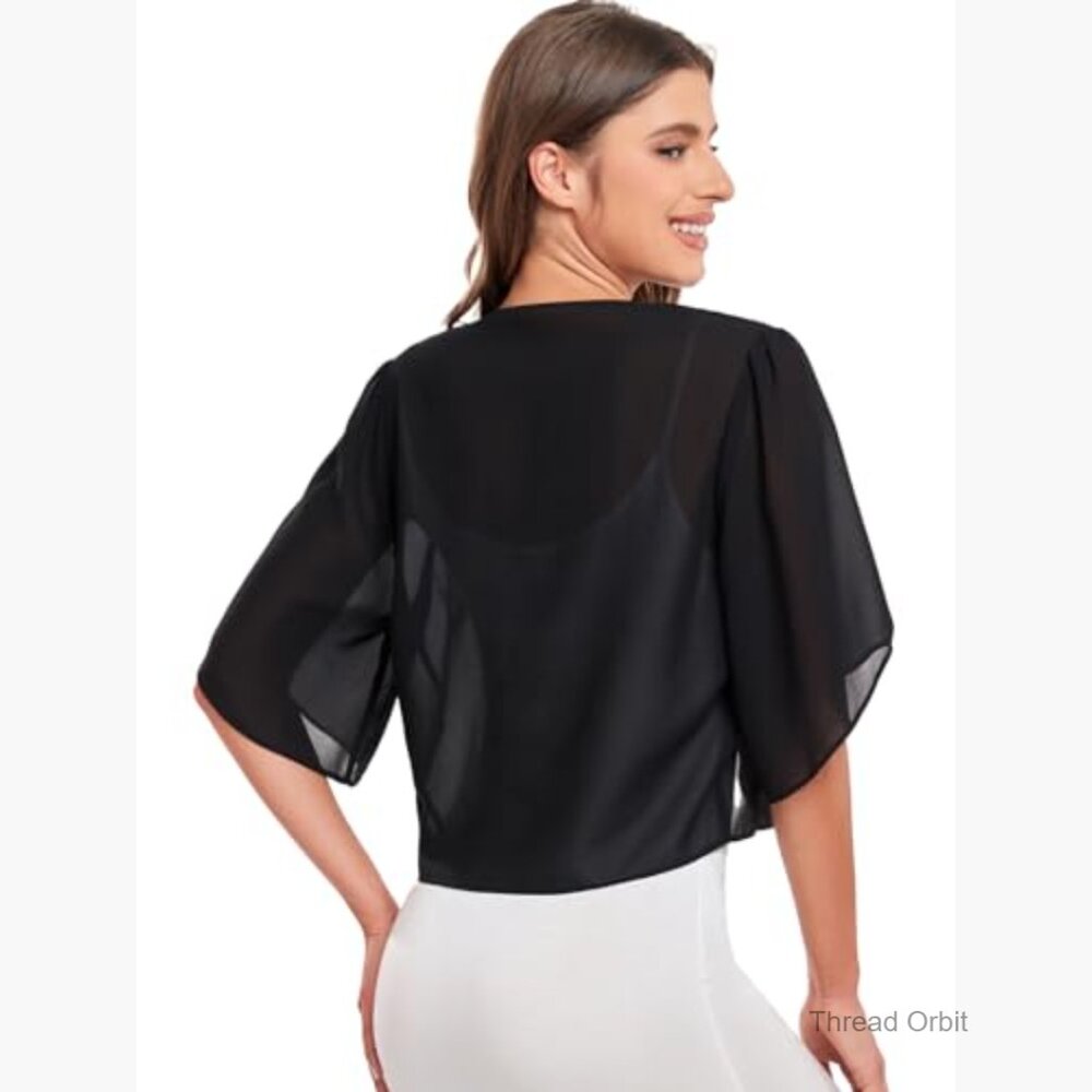 Large Chiffon Cropped Cardigan Shrug Short Sleeve Open Front Bolero - Picture 6 of 7